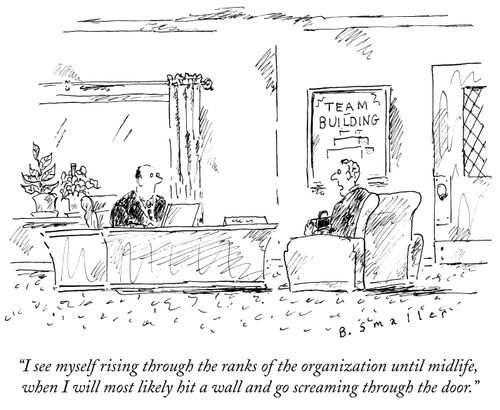 "I see myself rising through the ranks of the organization until midlife, when I will most likely hit a wall and go screaming through the door."
