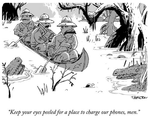 "Keep your eyes peeled for a place to charge our phones, men."