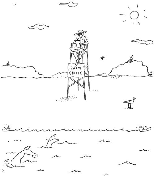 Lifeguard stand with a sign saying "Swim Critic"