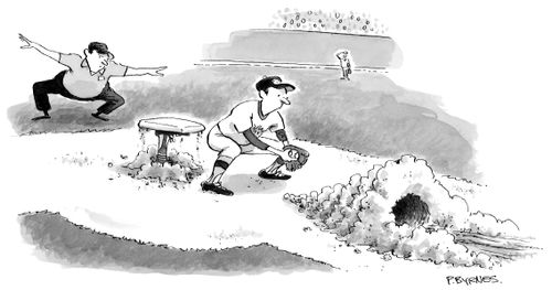 A runner slides into home base safely by tunneling under a baseman's legs; the umpire rules that the runner is safe