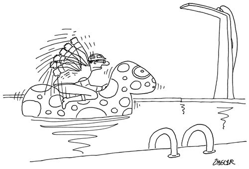 A jockey rides a pool toy.