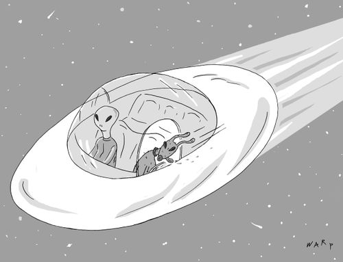 An alien dog hangs its head out the flying saucer.