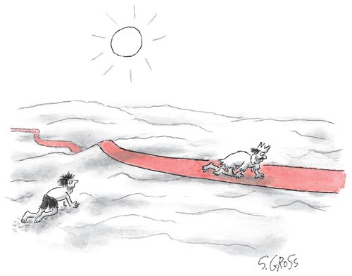 A man stranded in the desert watches a king crawl by on a red carpet