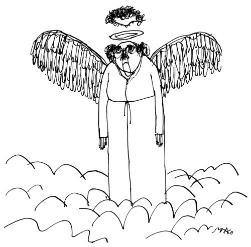 A halo lifts a toupee off an angel.