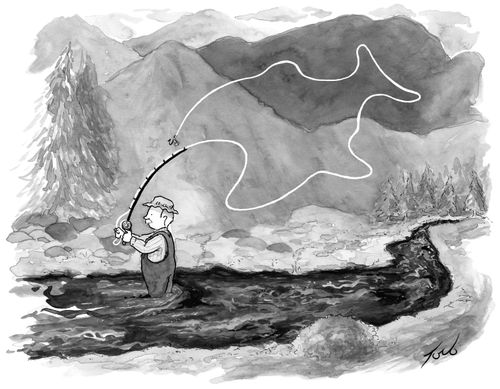A man fly fishing forms a fish with his line.