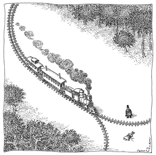 A man ties a woman to the railroad tracks in front of a zipper.