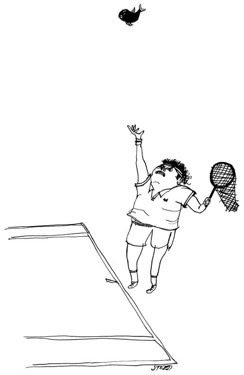 A tennis player serves with the fish and net.
