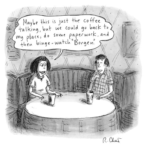 "Maybe this is the coffee talking, but we could go back to my place, do some paperwork, and then binge-watch "Borgen".