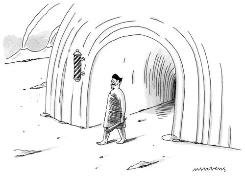 Caveman with a stylish hairstyle walks out of a cave marked with a barber pole.