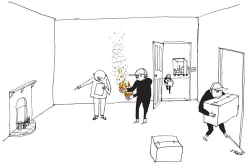 A mover is told to put the fire in the fireplace.