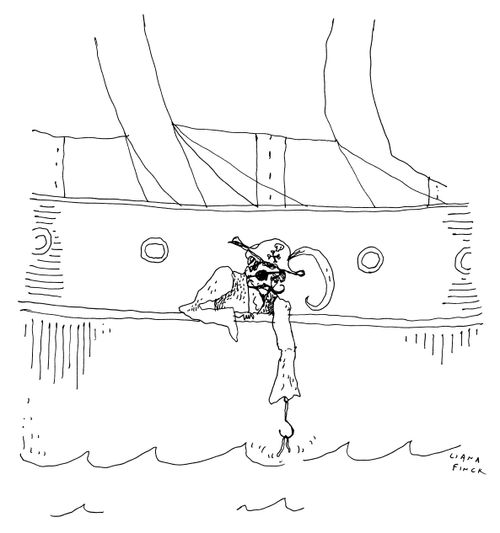 A pirate fishes using his hook.