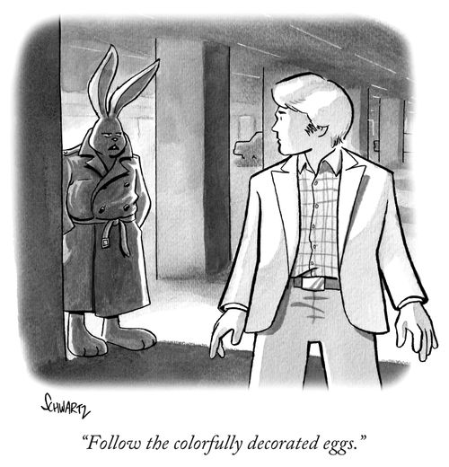 "Follow the colorfully decorated eggs."
