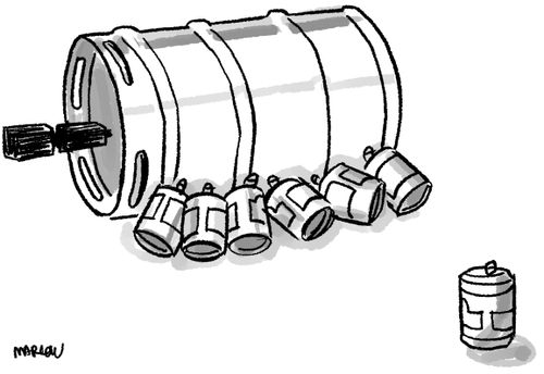 Beer cans feed from a mother keg