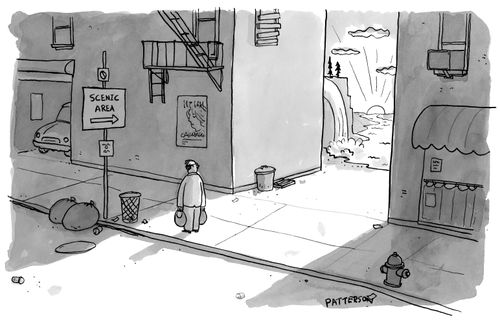 An alleyway leads to a scenic area.