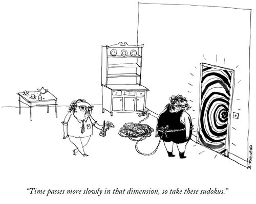 "Time passes much more slowly in the other dimension, so take these sudokus."