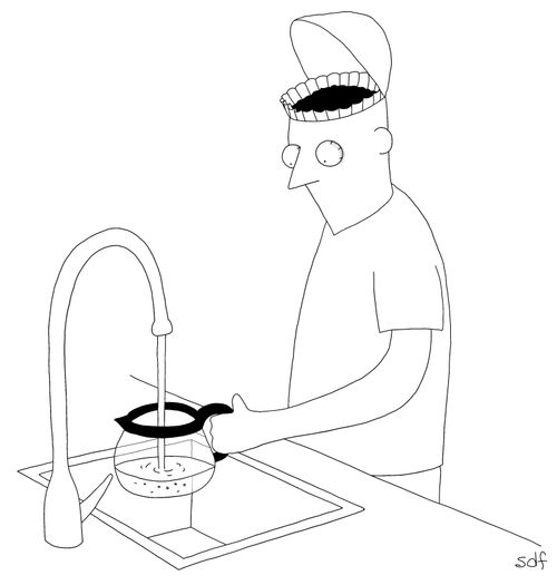 A man filling up his coffee pot, with his brain as a coffee filter.