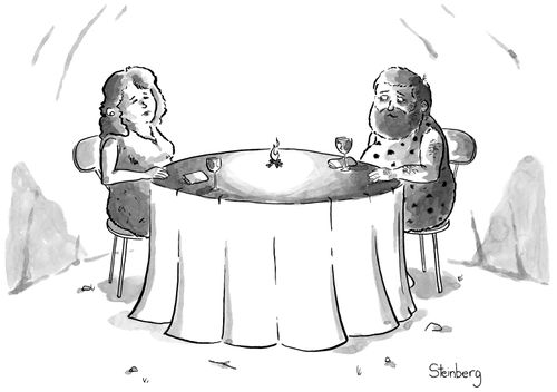 A cavewoman and a caveman on a date