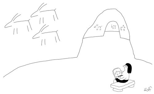 A caveman copying a cave drawing onto a tablet like he's a student in a museum.
