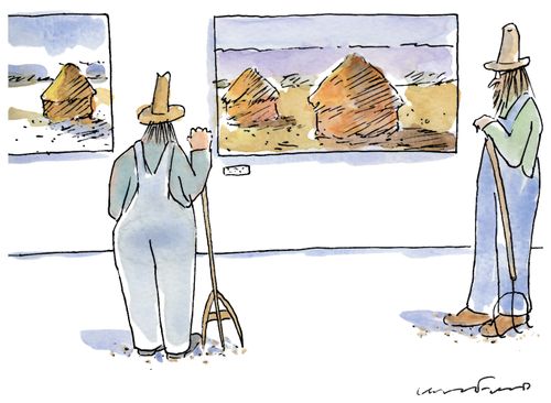 Farmer's looking at paintings of haystacks.