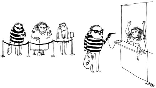 A bank robber robbing a bank with a gun on a chain like a pen