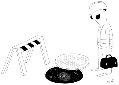 Alien looks into an open sewer that is actually a porthole to the universe.