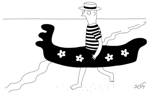 A gondolier walks into the ocean wearing a gondola shaped float.