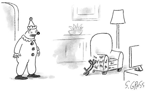 A clown walks into his living room and sees a balloon animal scratching up the furniture