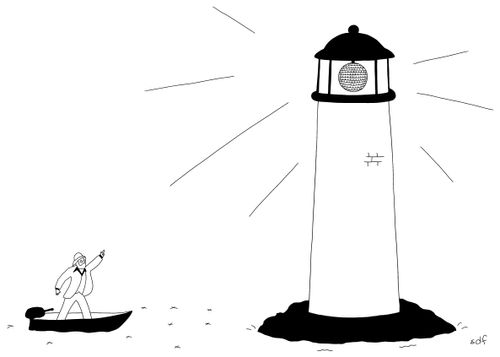 Fishman disco dances in the light of a lighthouse with a disco ball.