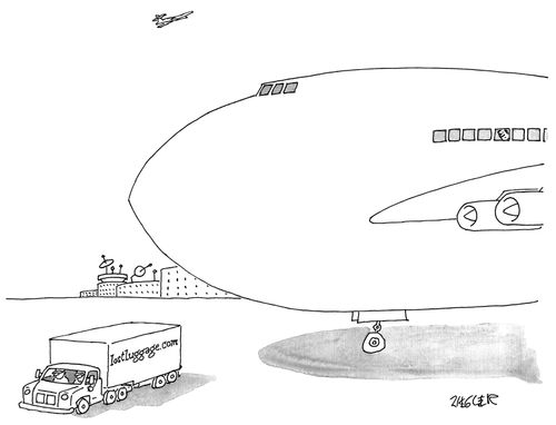 A passenger on a plane watches as a truck labeled "Lostluggage.com" drives away from the plane he is on.