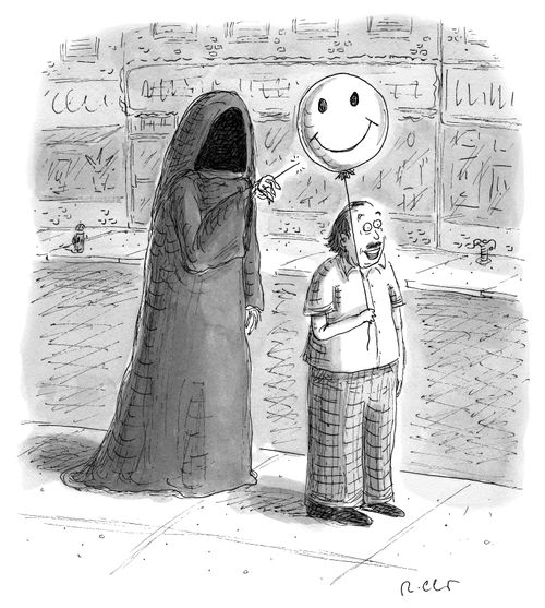 A man with a happy face balloon is about to have it popped by Death.