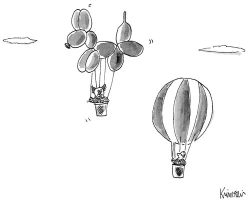 A clown rides in a hot air balloon animal.