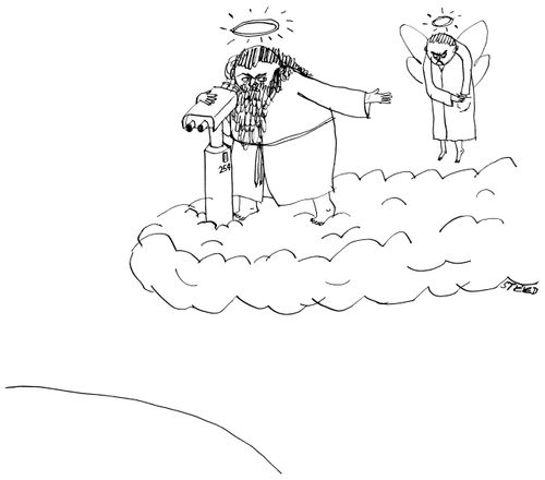 God asks an angel for change for a tower viewer.