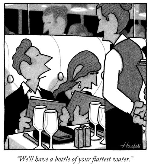 "We'll have a bottle of your flattest water."