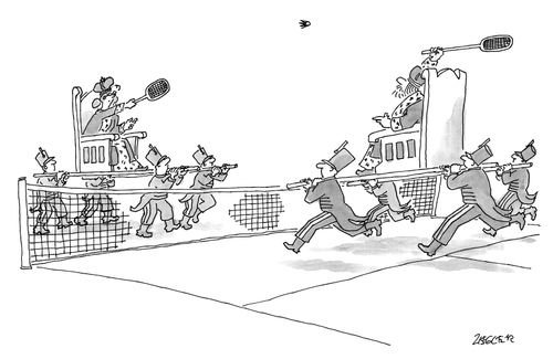 A king and queen playing badminton while being held up by their servants in litters.