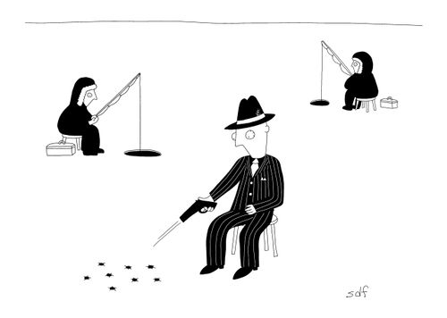 A gangster ice fishing by shooting through the ice.