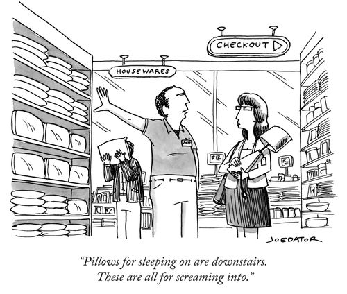 "Pillows for sleeping on are downstairs. These are all for screaming into."