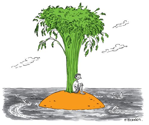 A man sits on a desert island made from the top of a carrot; the island is being circled by rabbits whose ears stick out of the water.