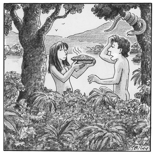 Eve gives Adam an apple pie