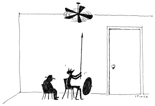 Don Quixote fights a ceiling fan.