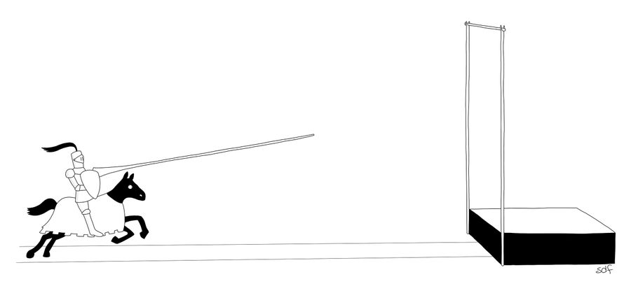 Knight on horse approaches a pole vault.