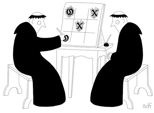 Two monks play tic-tac-toe with calligraphy-style 'x's and 'o's.