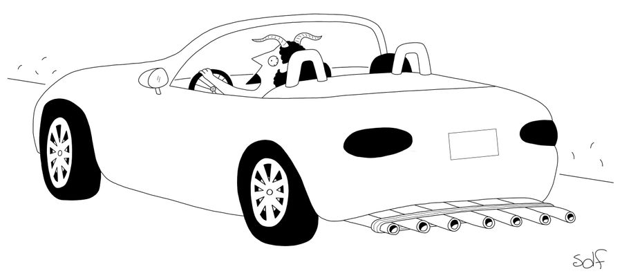 Devil driving a convertible with many tailpipes