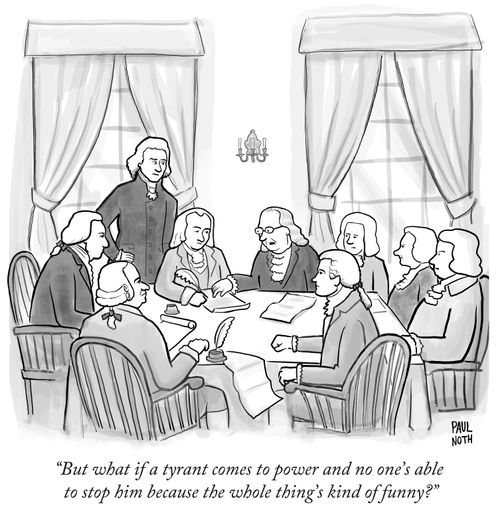 "But what if a tyrant comes to power and no one's able to stop him because the whole thing's king of funny."