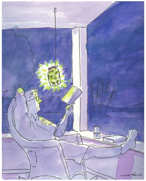 A man reads his book at night by the light of a jar full of fireflies.