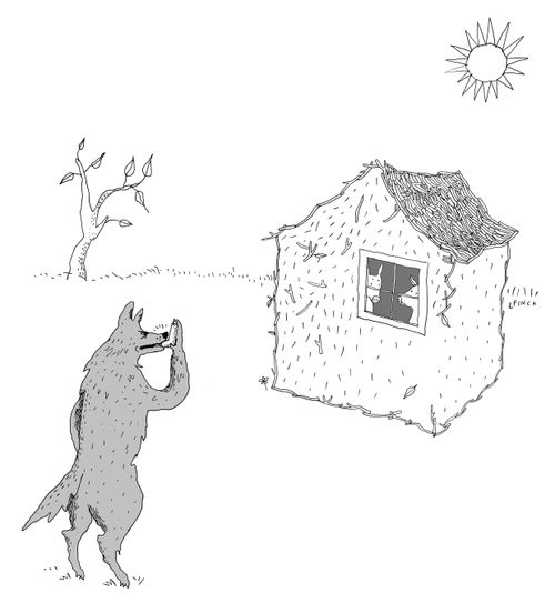 The big bad wolf uses an inhaler before he blows down the three little pigs' straw house.