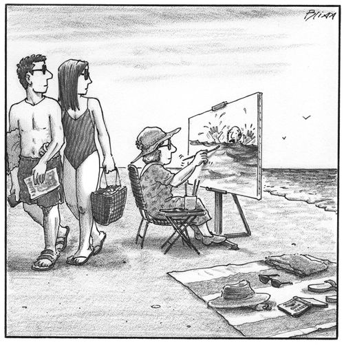 Woman painting a man drowning.