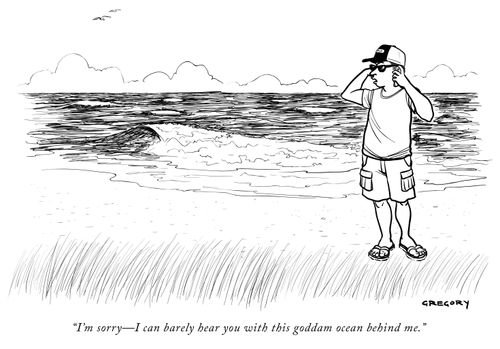 "I'm sorry- I can barely hear you with this goddam ocean behind me."
