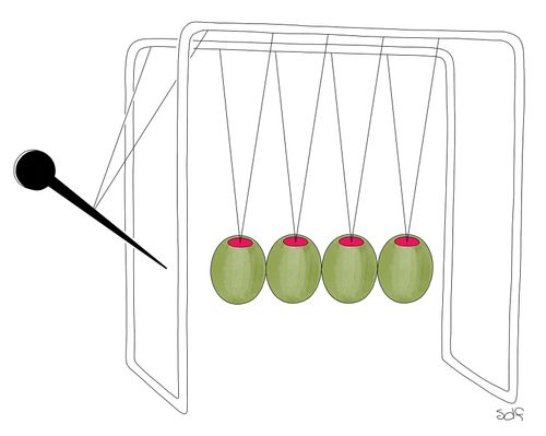 Four olives and a toothpick on Newton's Cradle.