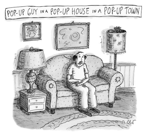 Pop-up guy in a pop-up house in a pop-up town