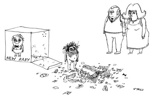Two parents look at their new baby who arrived in a boxed with a destroyed instruction manual.